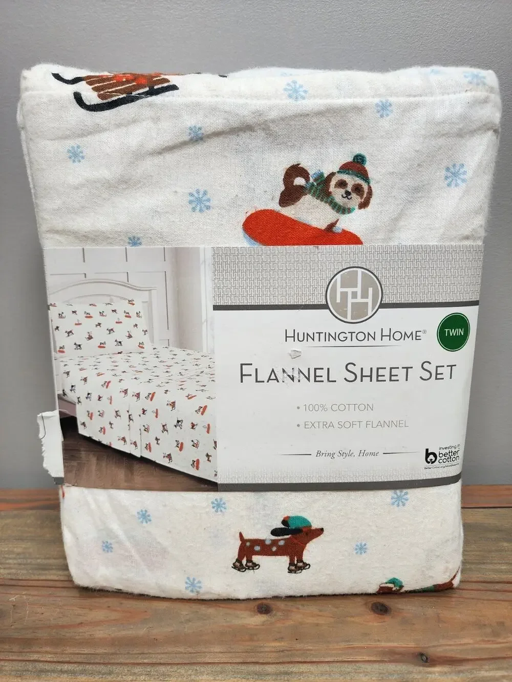Huntington Home 3 PC Twin 100% Cotton Flannel Sheet Set Dog Fun In The Snow